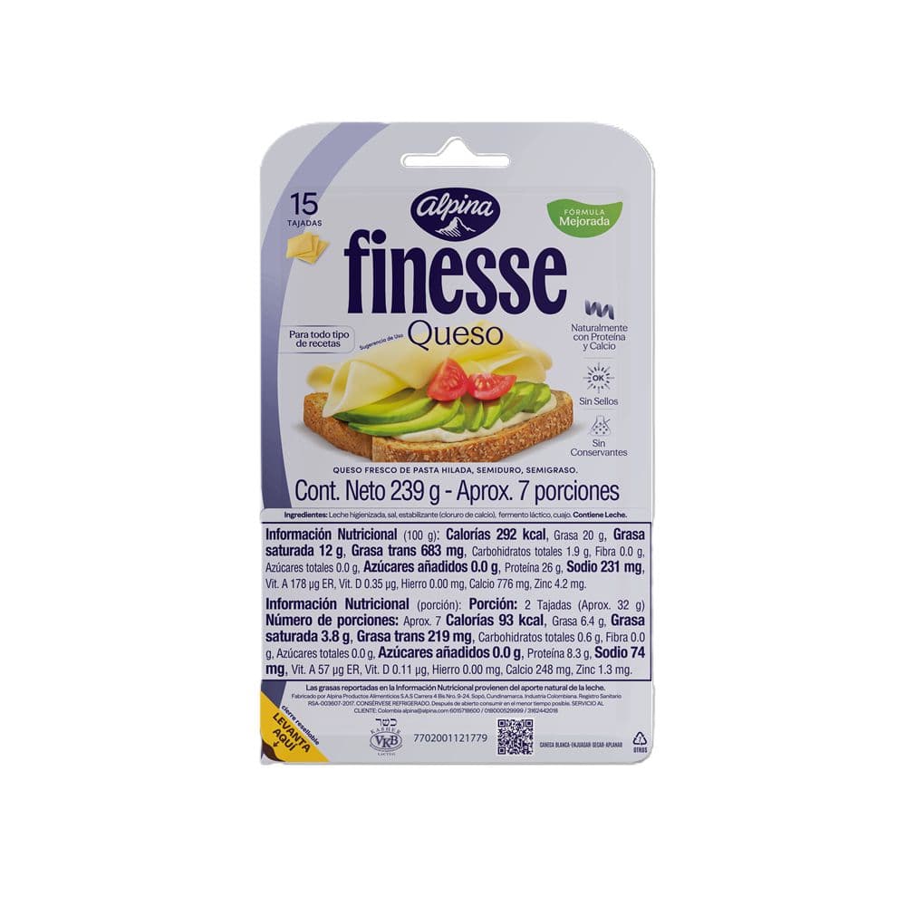 Queso Mozarella FINESSE 15 tajadas   (239  gr)